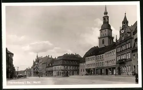 Fotografie Brück & Sohn Meissen, Ansicht Frankenberg, Marktplatz mit Ladengeschäft Otto Thomas & Gustav Günther, Rathaus