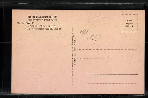 AK Berlin-Kreuzberg, Hotel Habsburger Hof, Askansicher Platz 1