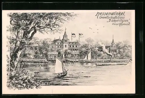 Künstler-AK Berlin-Hessenwinkel, Gesellschaftshaus Dämeritzsee mit Dampfer