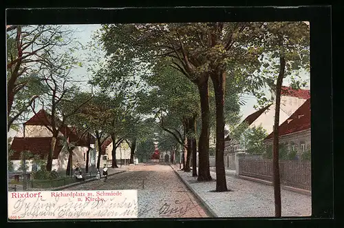 AK Berlin-Neukölln-Rixdorf, Richardplatz mit Schmiede und Kirche