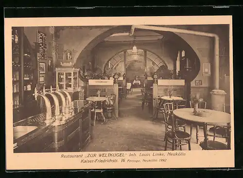 AK Berlin-Neukölln, Restaurant Zur Weltkugel, Kaiser-Friedrichstrasse 16, Innenansicht