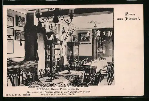AK Berlin-Rixdorf, Museum-Restaurant, Kaiser Friedrichstrasse 40, Innenansicht