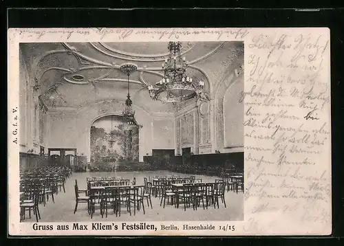 AK Berlin-Kreuzberg, Gasthaus Max Kliem`s Festsäle, Hasenhaide 14-15, Innenansicht