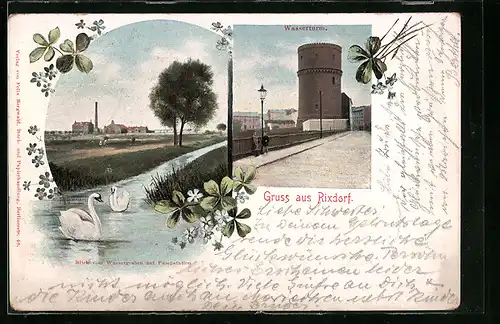Passepartout-AK Rixdorf, Wasserturm, Blick vom Wassergraben auf Pumpstation