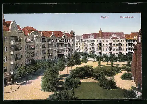 AK Rixdorf, Partie am Herrfurthplatz aus der Vogelschau