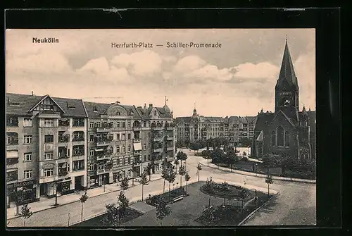 AK Berlin-Neukölln, Herrfurthplatz und Schiller-Promenade aus der Vogelschau