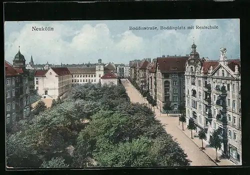 AK Berlin-Neukölln, Boddinstrasse, Boddinplatz mit Realschule