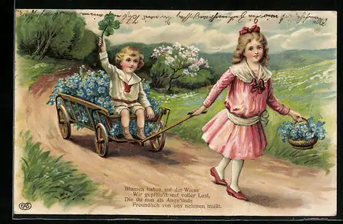 AK Kinder mit Blumenwagen und -korb auf Sommerwiese