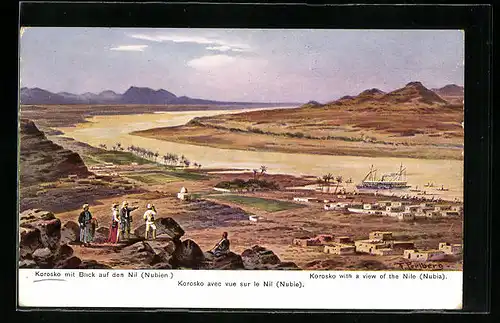 Künstler-AK Friedrich Perlberg: Korosko, Ortsansicht mit Blick auf den Nil (Nubien)