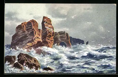 Künstler-AK Friedrich Perlberg: Felsen im tosenden Meer