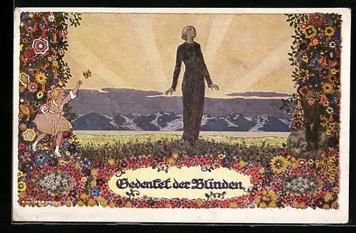 Künstler-AK Ernst Kutzer: Gedenket der Blinden, Blinde Frau und Kinder, Bunte Blumen