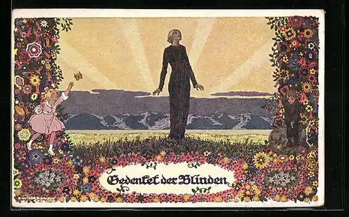 Künstler-AK Ernst Kutzer: Gedenket der Blinden, Blinde Frau und Kinder vor Landschaft
