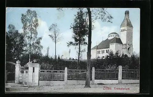 AK Zittau, Krematorium von der Strasse gesehen