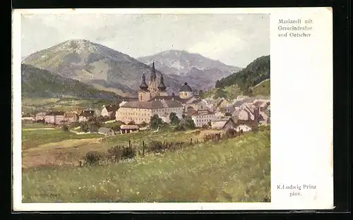 Künstler-AK Karl Ludwig Prinz: Mariazell, Ortsansicht mit Gemeindealpe und Oetscher