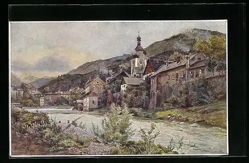 Künstler-AK Erwin Pendl: Waidhofen a. d. Ybbs, Hohe Brücke und Torturm