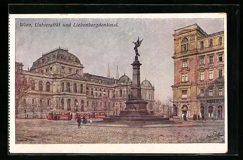 Künstler-AK Erwin Pendl: Wien, Universität und Liebenbergdenkmal mit Strassenbahn