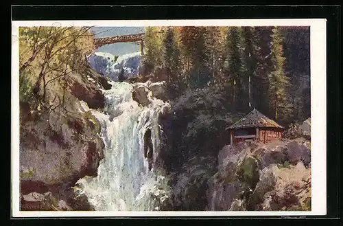 Künstler-AK Karl Ludwig Prinz: Lassingfall, Wasserfall mit Brücke