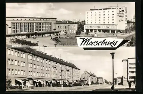 AK Merseburg, Bahnhof und Strasse des Friedens