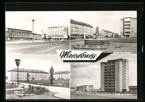 AK Merseburg, Bahnhof, Strasse des Friedens, Internat der Technischen Hochschule
