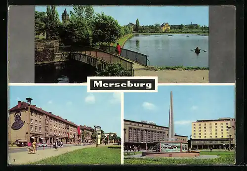 AK Merseburg, Gotthard-Teich, Bahnhof mit Hochhaus