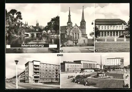 AK Merseburg, Strasse des Friedens, Gagarinplatz mit Bahnhof und Hochhaus