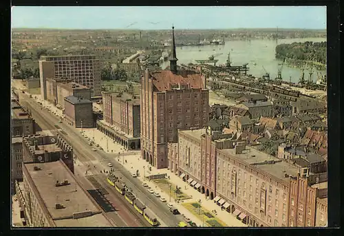 AK Rostock, Lange Strasse aus der Vogelschau