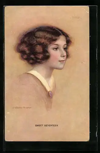 Künstler-AK sign. C Warde Traver: Junges Mädchen mit lila Brosche