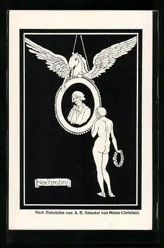 Künstler-AK sign. A. E. Stoeckel: Pegasus hält das Porträt eines Mannes