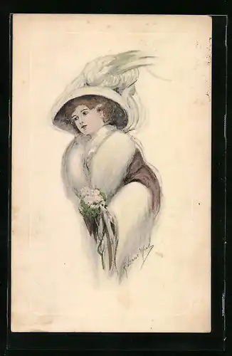 Künstler-AK sign. K. Leone Wood: Junge Dame mit Hut und Pelz