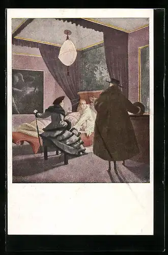 Künstler-AK sign. O. Lendecke: Damen besuchen junge Frau im Bett