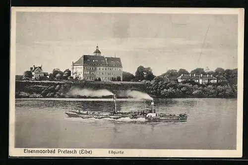 AK Pretzsch a. Elbe, Elbpartie mit Dampfer