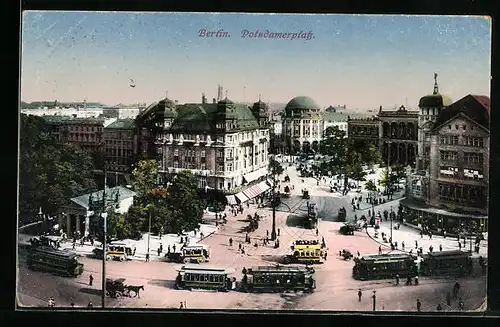 AK Berlin-Tiergarten, Blick auf den Potsdamerplatz mit Strassenbahnen