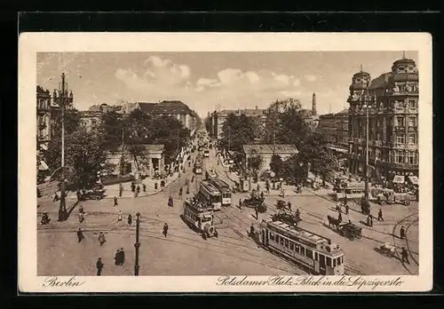 AK Berlin, Potsdamer Platz mit Strassenbahn und dem Blick auf die Leipzigerstrasse
