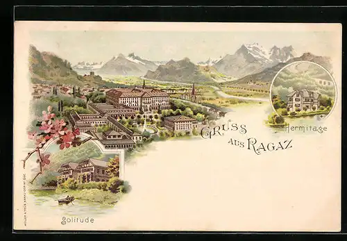 Lithographie Ragaz, Hermitage, Solitude, Panorama
