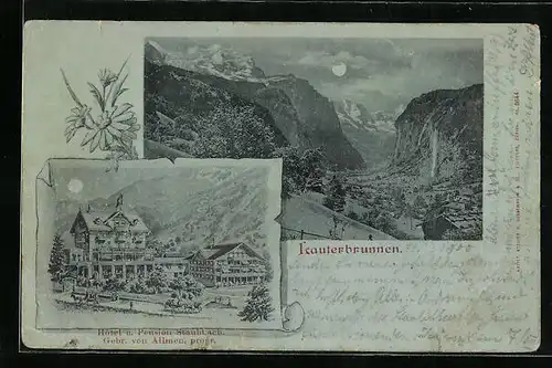 Mondschein-AK Lauterbrunnen, Hotel und Pension Stubbach, Panorama