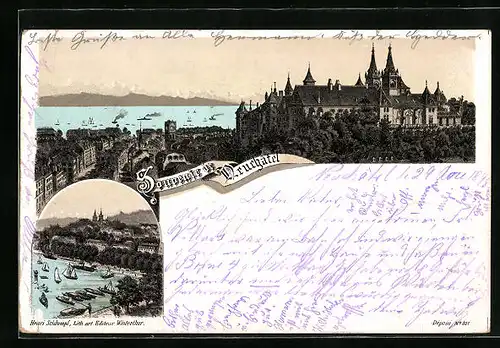 Lithographie Neuchâtel, Teilansicht, Uferpartie