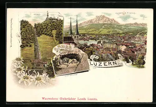 Lithographie Luzern, Teilansicht mit Pilatus, Gütsch, Löwendenkmal