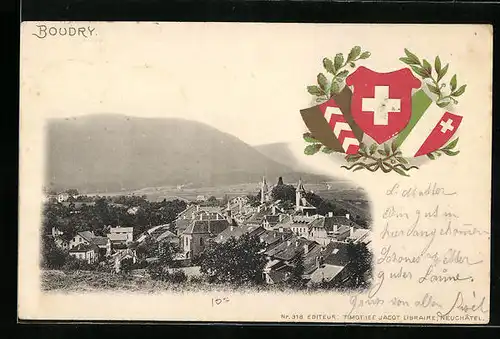 Präge-AK Boudry, Teilansicht, Wappen