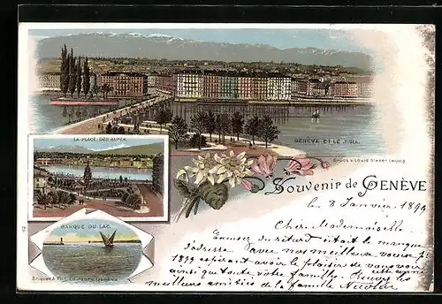 Lithographie Genève, Panorama et le Jura, La Place des Alpes, Barque du Lac