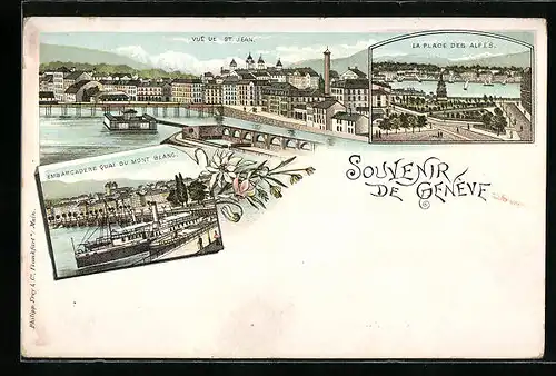 Lithographie Genève, Vue de St. Jean, La Place des Alpes, Embarcadere Quai du Mont Blanc