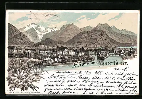 Lithographie Interlaken, Panorama mit Eisenbahn