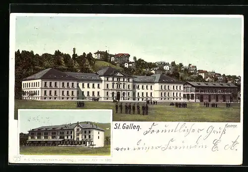 AK St. Gallen, Kaserne mit Soldaten, Gebäudeansicht