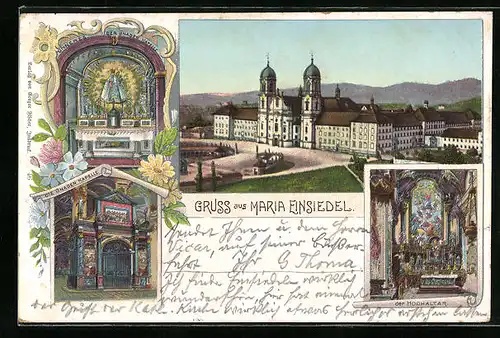 Lithographie Einsiedeln, Kloster Maria Einsiedel, Gnadenkapelle und Hochaltar