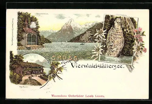 Lithographie Seelisberg, Rütli, Vierwaldstättersee, Schillerstein