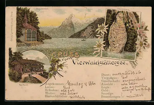 Lithographie Seelisberg, Tellskapelle, Rütli, Schillerstein