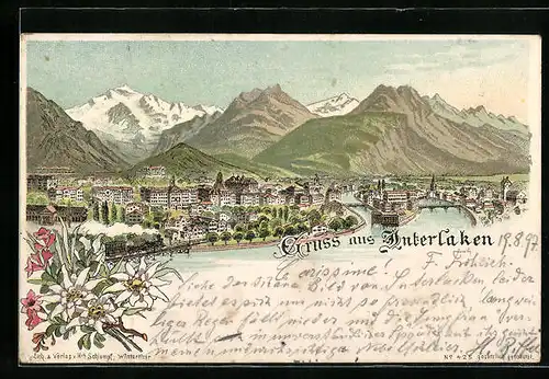 Lithographie Interlaken, Ortsansicht aus der Vogelschau