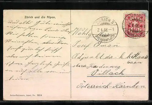 AK Zürich, Ortsansicht mit Alpen