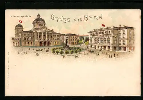 Lithographie Bern, Parlamentsgebäude mit Denkmal