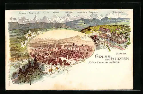 Lithographie Köniz, Gurten mit Bergpanorama