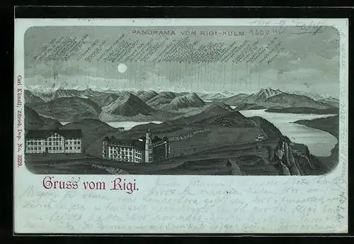 Mondschein-Lithographie Rigi, Rigi-Kulm mit Bergpanorama